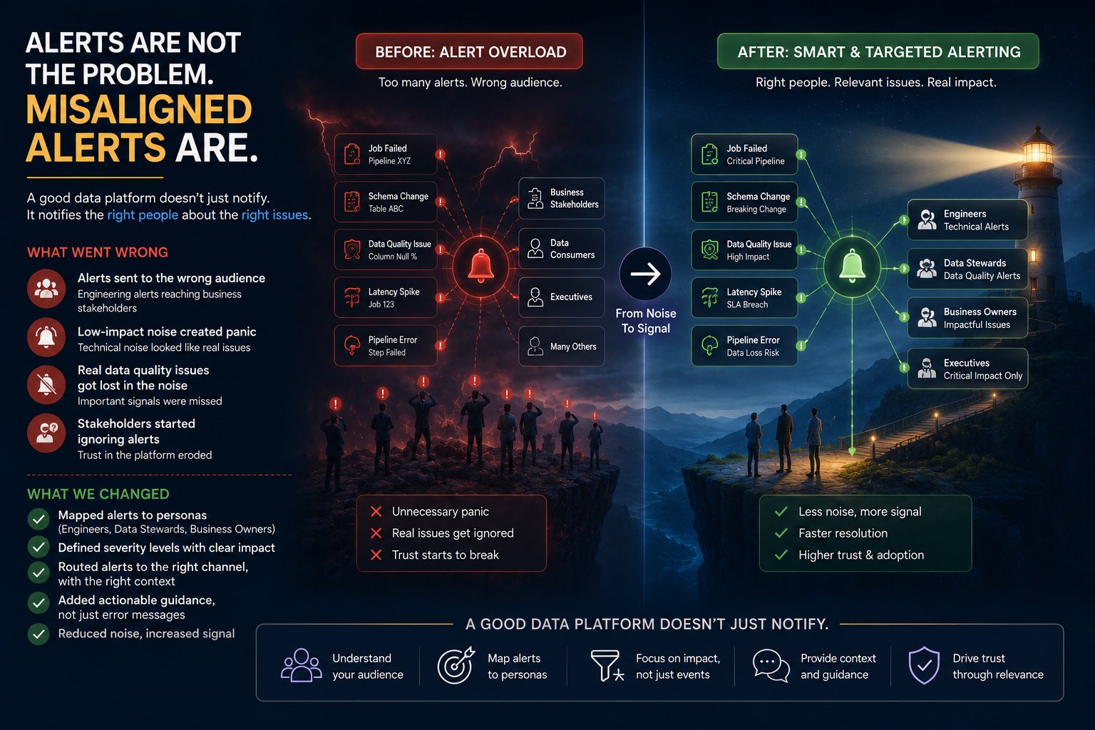 Before and after comparison of alert design — alert overload sending too many alerts to the wrong audience causing panic, versus smart and targeted alerting routing the right issues to engineers, data stewards, business owners, and executives.