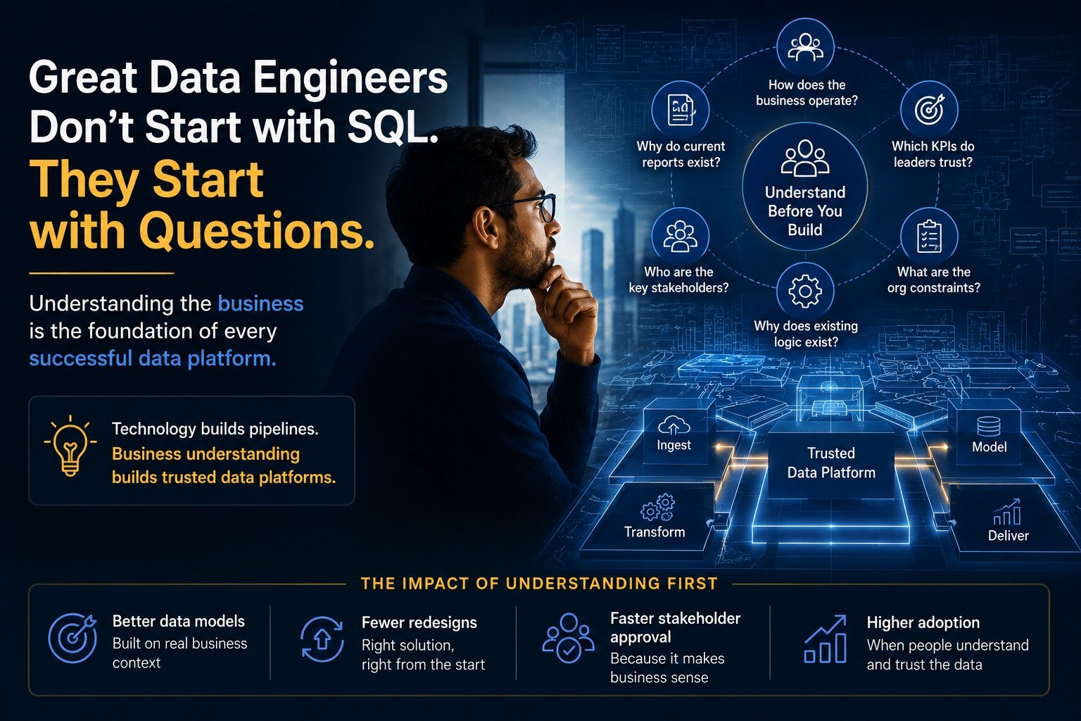 Understand Before You Build — a framework of six questions data architects should ask before writing any SQL: how the business operates, why current reports exist, which KPIs leaders trust, who the key stakeholders are, what org constraints exist, and why existing logic exists.