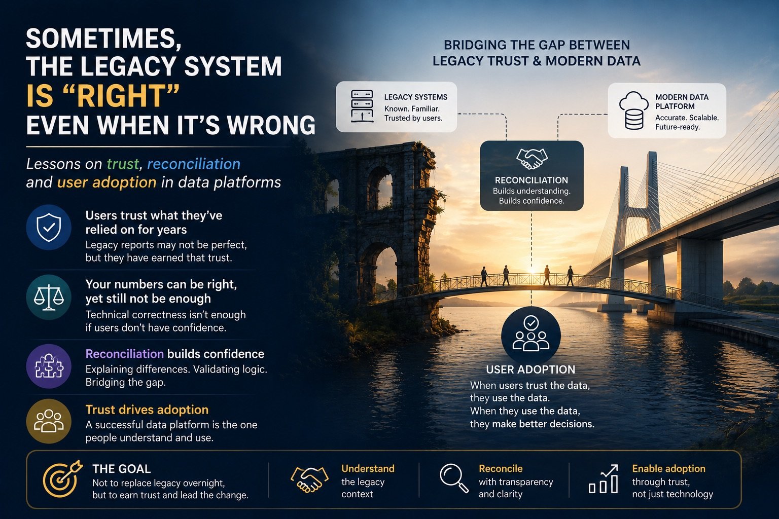 Bridging the gap between legacy trust and modern data — a diagram showing legacy systems and a modern data platform connected through reconciliation, leading to user adoption when users trust the data.